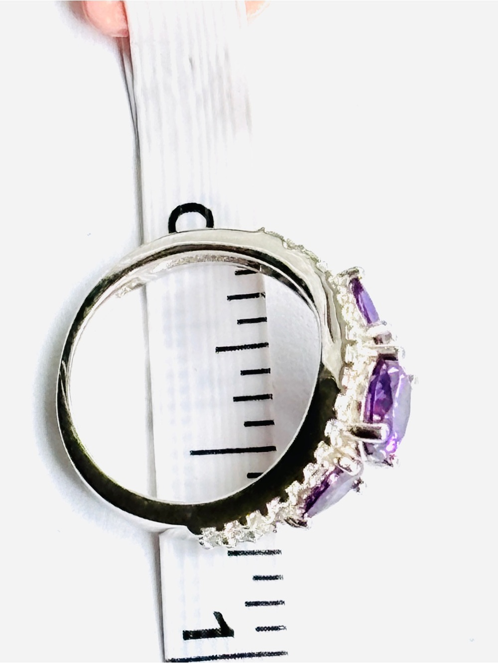 925 Sterling Silver Purple Crystal Rhinestone Three Stone Cocktail Ring Sz 5 - Picture 6 of 6